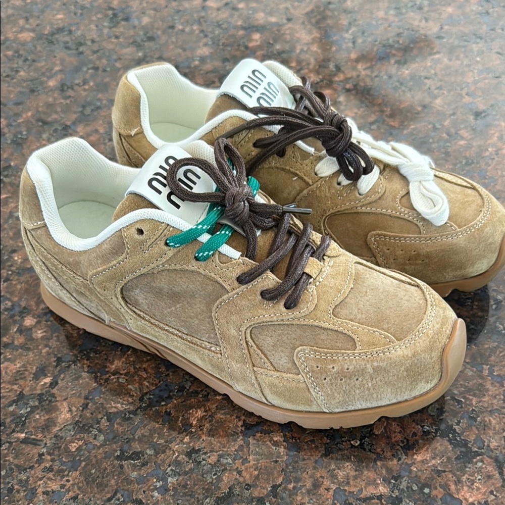 Tan and White Low-Top Sneakers with Suede Finish - Picture 3 of 5